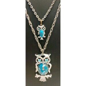 Mamma & Baby Owl 2 Strand Necklace Blue & Silver Tone 18" To 1st Drop